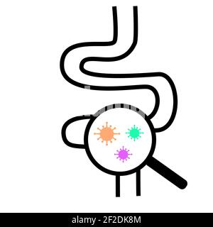 icône des bactéries intestinales sur fond blanc. micro-organisme bactérien dans le cercle du microscope. probiotiques sous signe d'agrandissement. style plat. Banque D'Images