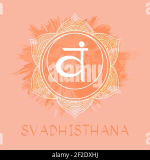 Illustration vectorielle avec le symbole Svadhishana - chakra sacré sur fond aquarelle. Entourez le motif de mandala et le lettrage dessiné à la main. Couleur. Illustration de Vecteur