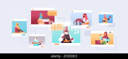 ensemble de blogueurs de la nourriture arabe préparer des plats chefs arabes dans le web navigateur fenêtres en ligne cuisine concept portrait horizontal vecteur illustration Illustration de Vecteur