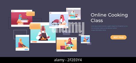 ensemble de blogueurs de la nourriture arabe préparer des plats chefs arabes dans le web navigateur fenêtres en ligne cuisine concept portrait horizontal copy space illustration vectorielle Illustration de Vecteur