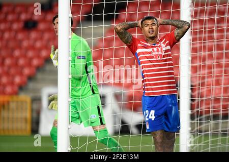 Grenade, Espagne. 11 mars 2021. Le joueur des FC de Grenade Robert Kenedy réagit lors de l'UEFA Europa League Round of 16 First Leg un match entre Granada CF et Molde FK à l'Estadio Nuevo Los Carmenes.(final Score; Granada CF 2:0 Molde FK) Credit: SOPA Images Limited/Alay Live News Banque D'Images