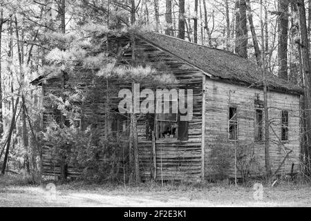 Chalet abandonné en noir et blanc Banque D'Images