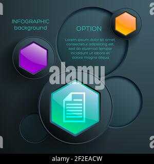 Infographies commerciales abstraites avec éléments de web hexagonaux brillants colorés sombres illustration de cercles et d'icônes de note Illustration de Vecteur