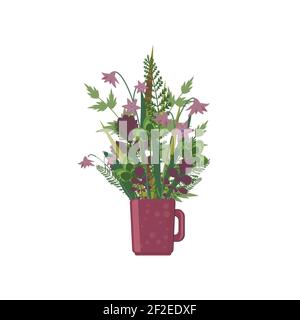 Bouquet romantique avec fleurs de prairie, lames d'herbe, brindilles et branches en coupe violette. Fleurs sauvages, herbes de champ, céréales et éléments d'herbe. Somme vectorielle Illustration de Vecteur