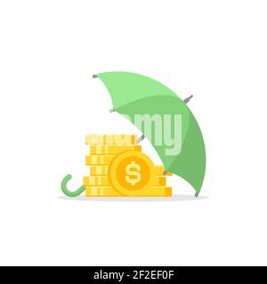 Parapluie doré avec des pièces de monnaie en dollars d'or sous lui. Icône vectorielle plate isolée sur blanc. Sécurité du revenu. Concept de protection de l'argent. Investissements, sécurité Illustration de Vecteur