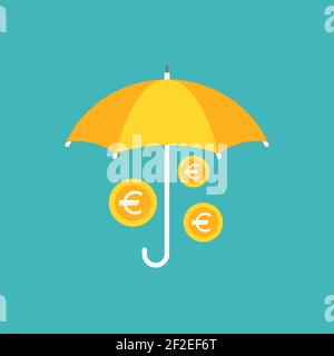 Parapluie vert avec pièces en euros d'or sous lui. Icône vectorielle plate isolée sur blanc. Sécurité du revenu. Concept de protection de l'argent. Investissements, sécurité. Illustration de Vecteur