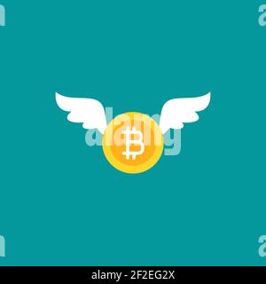 bitcoin doré avec ailes. icône plate isolée sur fond bleu. Économie, finance, monnaie numérique. Pictogramme de paiement en ligne. Illustration vectorielle. Crypto Illustration de Vecteur