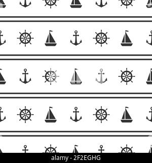 Motif marin sans couture avec casque noir et ancrages sur le blanc. Décoration de volant bateau et bateau. Arrière-plan marin avec barre. Vecteur d'été f Illustration de Vecteur