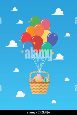 Ballon avec panier rempli d'œufs de pâques sur ciel bleu. Illustration vectorielle. Illustration de Vecteur