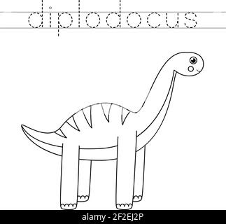 Retracez les noms des dinosaures. Couleur mignon diplodocus. Pratique de l'écriture pour les enfants d'âge préscolaire. Illustration de Vecteur