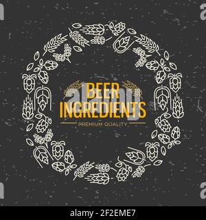 Cadre figuré au design élégant avec des icônes blanches de fleurs, une branche de houblon, de fleur, de malt autour du texte des ingrédients de la bière au centre sur le dos noir Illustration de Vecteur