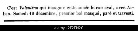 Premier bal masqué du Carnaval de Paris 1869-1870 - annonce parue dans le Journal Amutant - 18 décembre 1869. Banque D'Images