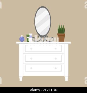 Commode en bois blanc avec miroir, plante de maison et quelques tubes de crèmes et bouteille de parfum. Mode. Meuble de chambre. Plat isolé Illustration de Vecteur