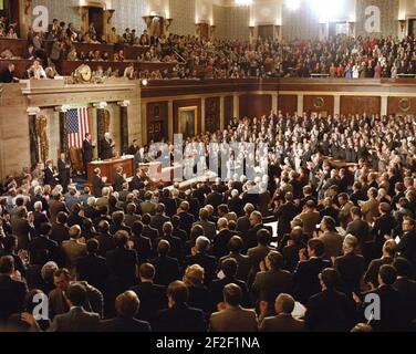 Le président Ronald Reagan s'adresse à la session conjointe du Congrès sur l'état de l'Union au Capitole des États-Unis. Banque D'Images