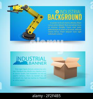 Fabrication de banderoles horizontales avec équipement robotique jaune et boîte en carton Illustration de Vecteur