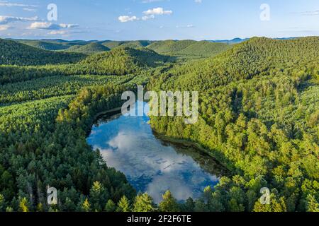 Vue aérienne sur les forêts profondes dans la lumière du soir. Large bois et lac en paysage. Ciel bleu et nuage réfléchissant à la surface de l'eau. Banque D'Images