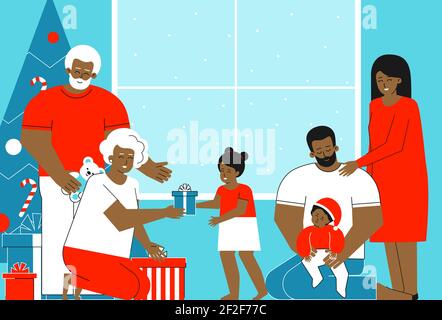 Concept de fête à plat vectoriel. Hiver joyeuses fêtes de la famille afro-américaine de plusieurs générations à la maison. Les grands-parents présentent des cadeaux aux enfants Banque D'Images