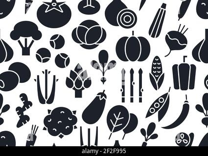 Motif vectoriel sans couture, texture sans fin avec légumes. Silhouette noire isolée sur fond blanc. Icône de remplissage plein, glyphe. Alimentation saine et Illustration de Vecteur