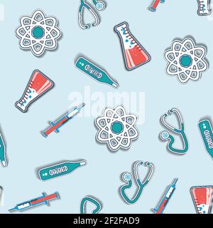 Motif coloré brillant sain sans couture avec équipement médical et éléments autocollants papier sur illustration vectorielle d'arrière-plan clair Illustration de Vecteur