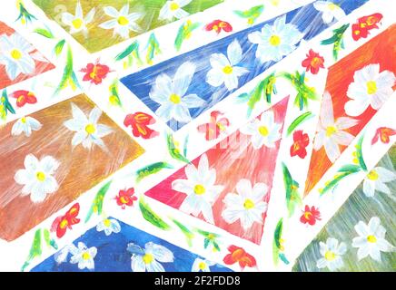 Décoration florale à motif vif, motif feuillage et fleurs, aquarelle colorée sur fond zigzag. Composition avec fleurs et lignes géométriques. Banque D'Images