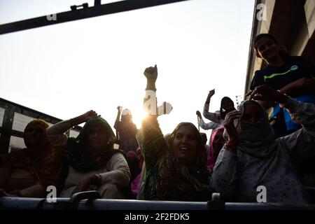 8 mars 2021 : New Delhi, Inde. 08 mars 2021. Les agricultrices se joignent à une manifestation d'agriculteurs à la frontière de Tikri près de New Delhi contre les nouvelles lois agricoles du gouvernement, à l'occasion de la Journée internationale de la femme. Des milliers de femmes se sont jointes aux manifestations des agriculteurs autour de Delhi, à l'occasion de la Journée internationale de la femme, demandant la mise au rebut des trois projets de loi agricoles adoptés par le Parlement indien en septembre 2020. Les agriculteurs et leurs familles, ainsi que les syndicats d'agriculteurs, protestent depuis des mois pour que les nouvelles lois agricoles soient abrogées, car ils pensent qu'elles ouvriraient le secteur agricole du pays à la corporatio Banque D'Images