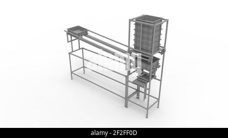 Rendu 3D d'une machine d'installation de fabrication de tapis roulant de caisse empilée, isolée sur fond blanc Banque D'Images