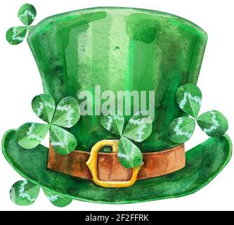 Chapeau vert Leprechaun avec feuilles de trèfle isolées sur fond blanc Banque D'Images