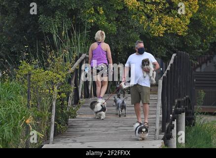 Johannesburg, Afrique du Sud. 12 mars 2021. Des personnes portant un masque facial marchent dans un parc pendant la pandémie COVID-19 à Johannesburg, Afrique du Sud, le 12 mars 2021. Credit: Chen Cheng/Xinhua/Alay Live News Banque D'Images