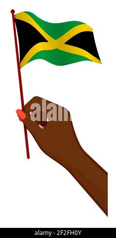 La main femelle tient doucement le petit drapeau de la Jamaïque. Élément de design des fêtes. Vecteur de dessin animé sur fond blanc Illustration de Vecteur