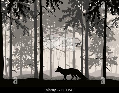 Renard à la demande, arrière-plan de la forêt, silhouettes d'arbres. Paysage magique et brumeux. Illustration. Illustration de Vecteur