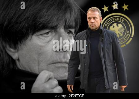 PHOTOMONTAGE: Rapport: Hansi Flick est un 'Aûtic Hot candidate' pour l'après-épisode de Loew! Archive photo: Coach/Bundescoach Joachim LOEW (LvÉ ®? W, Jogi, GER) Soccer Laenderspiel, qualification au Championnat d'Europe, groupe C 9e jour de match, Allemagne (GER) - Belarus (BLR) 4: 0, le 16 novembre 2019 à Borussia Monchengladbach/Allemagne. VÇ ® | usage dans le monde entier Banque D'Images