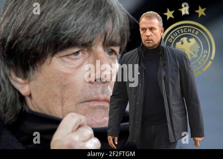 PHOTOMONTAGE: Rapport: Hansi Flick est un 'Aûtic Hot candidate' pour l'après-épisode de Loew! Archive photo: Coach/Bundescoach Joachim LOEW (LvÉ ®? W, Jogi, GER) Soccer Laenderspiel, qualification au Championnat d'Europe, groupe C 9e jour de match, Allemagne (GER) - Belarus (BLR) 4: 0, le 16 novembre 2019 à Borussia Monchengladbach/Allemagne. VÇ ® | usage dans le monde entier Banque D'Images