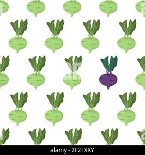 Motif de dessin animé sans couture pour une conception en papier avec racine de kohlrabi vert et feuille verte. Élément accrocheur - légumes violets. Illustration de Vecteur