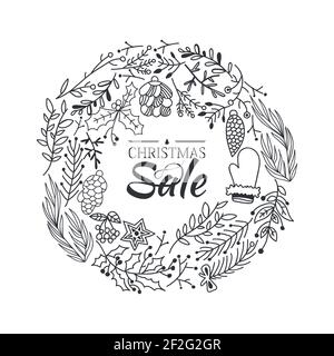 Solde de Noël affiche de composition avec croquis de couronne avec de beaux dessins animés de branches et symboles d'hiver traditionnels dessin à la main illustration vectorielle Illustration de Vecteur