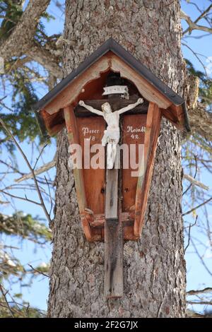 Randonnée d'hiver près de Mittenwald, près de Krün, Vereiner Alm, Europe, Allemagne, Bavière, haute-Bavière, Werdenfels, hiver, croix du souvenir, Christ, arbre Banque D'Images