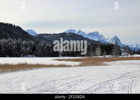 Randonnée d'hiver près de Gerold, près de Klais, Europe, Allemagne, Bavière, Haute-Bavière, Werdenfels, hiver, pistes dans la neige, Geroldsee dans le fond le Zugspitze Banque D'Images