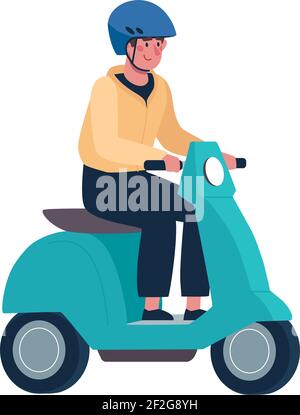 Un homme dans un casque roule dans un mobylette moderne. Vecteur, style plat. Transport écologique alternatif, mode de vie sain Illustration de Vecteur