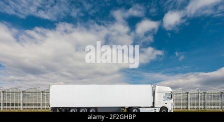 Nouveau grand camion de chargement blanc avec espace de copie à l'avant D'une serre hollandaise Banque D'Images