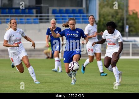 Sandie Toletti de Montpellier Herault Sport Club, Guro Reiten de Chelsea FC et Nerilia Mondesir de Montpellier Herault Sport Club se battent pour le ballon lors du match de football féminin de la coupe française 2019 entre Montpellier Herault Sport Club et Chelsea FC le 6 août 2019 au Stade Michel Bendichou à Colomiers, France - photo Antoine Massinon / A2M Sport Consulting / DPPI Banque D'Images