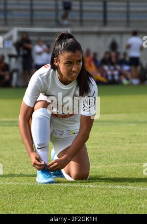 Sakina Karchaoui, de Montpellier Herault Sport Club, réagit lors du match de football féminin de la coupe française 2019 entre Montpellier Herault Sport Club et Chelsea FC le 6 août 2019 au Stade Michel Bendichou à Colomiers, France - photo Melanie Laurent / A2M Sport Consulting / DPPI Banque D'Images
