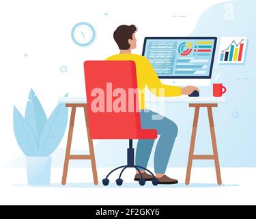 Homme travaillant à l'ordinateur. Concept de travail indépendant ou de bureau, comptabilité ou marketing. Illustration vectorielle de style plat Illustration de Vecteur
