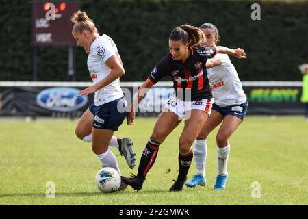Marie Charlotte léger de Montpellier Herault Sport Club, Charlotte Fernandes de FC Fleury et Sakina Karchaoui de Montpellier Herault Sport Club pendant le Championnat de France des femmes D1 match de football entre le FC Fleury 91 et Montpellier HSC le 07 septembre 2019 à Auguste Gentelet 1 stade de Fleury Merogis, France - photo Melanie Laurent / A2M Sport Consulting / DPPI Banque D'Images