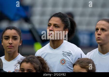 Sakina Karchaoui du Club de sport Herault de Montpellier, Valerie Gauvin du Club de sport Herault de Montpellier et Sandie Toletti du Club de sport Herault de Montpellier avant le championnat de France des femmes D1 Arkema football match entre Paris Saint-Germain et Montpellier HSC le 7 décembre 2019 au stade Jean Bouin de Paris, France - photo Antoine Massinon / A2M Sport Consulting / DPPI Banque D'Images