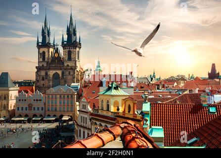 Vue sur la place de la vieille ville d'en haut au soir d'été, Prague Banque D'Images