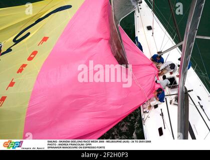 VOILE - SKANDIA GEELONG COURSE SEMAINE 2008 - MELBOURNE (AUS) - 24 AU 28/01/2008 PHOTO : ANDREA FRANCOLINI / DPPI MANŒUVRE SPINNAKER SUR ESPRESSO FORTE Banque D'Images