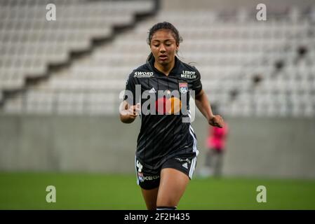 Selma Bacha de l'Olympique Lyonnais réagit lors du championnat de France des femmes D1 Arkema football match entre le Stade de Reims et l'Olympique Lyonnais le 11 septembre 2020 au stade Auguste Delaune de Reims, France - photo Antoine Massinon / A2M Sport Consulting / DPPI Banque D'Images