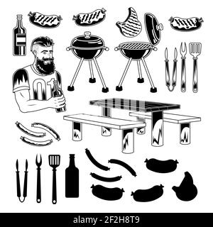 Barbecue, ensemble d'icônes de barbecue. Collection d'ustensiles du gril. Illustration vectorielle dessinée à la main. Pour le menu, steak House, festival de la cuisine de rue, bar, café, prospectus, logo Illustration de Vecteur