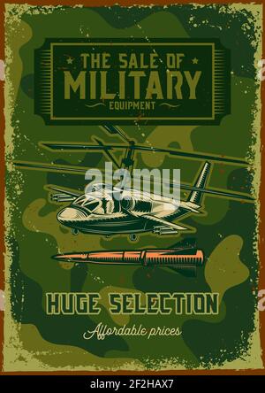 Affiche avec illustration d'un hélicoptère militaire sur fond poussiéreux. Illustration de Vecteur