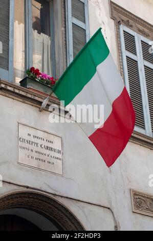 Italie, Lombardie, Crema, via Alemanno Fino Street, plaque commémorant Giuseppe Garibaldi Banque D'Images