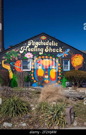 Detroit, Michigan - le Shack de guérison psychédélique, un bureau de chiropractie et un café végétarien. Banque D'Images